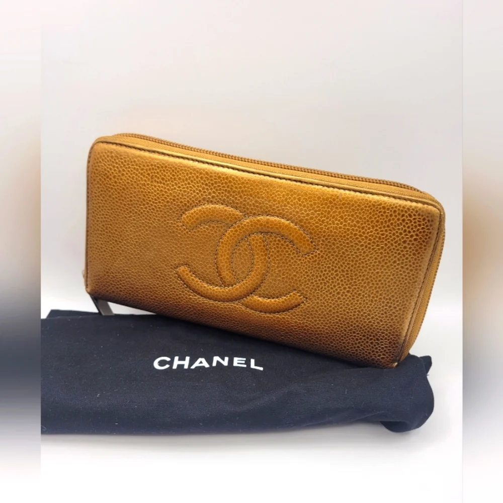 Chanel Bronze Caviar Leather Zip Around Wallet / Clutch